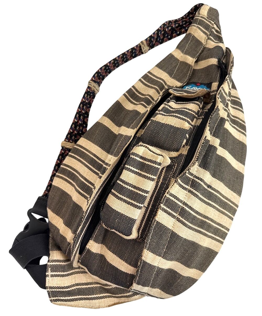 KAVU Rope Sling Bag Brown Tan Striped Cotton Crossbody Backpack Boho Travel